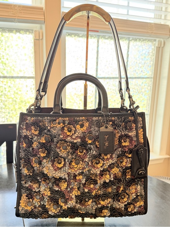 Coach Handbags - Coach Rogue 30 Floral Leather Sequin Bag Black & Oxblood Style 35613